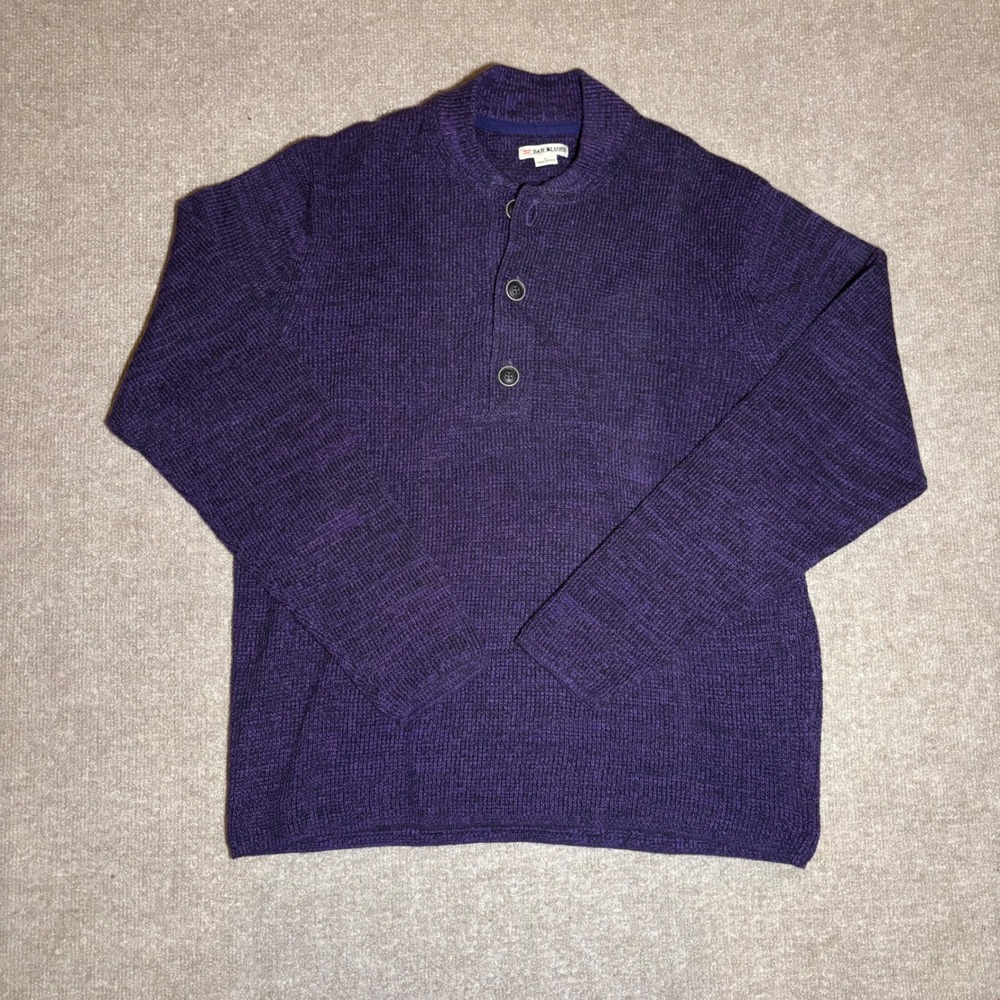 32 Bar Blues Mens Purple Cotton Henley Sweater Mock Neck Marled Knit Large